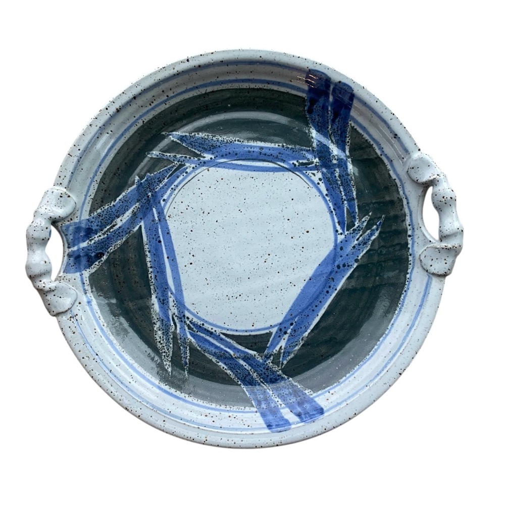 Artistic Ceramic Serving Platter with Blue and Gray Design..  15.5” in diameter.